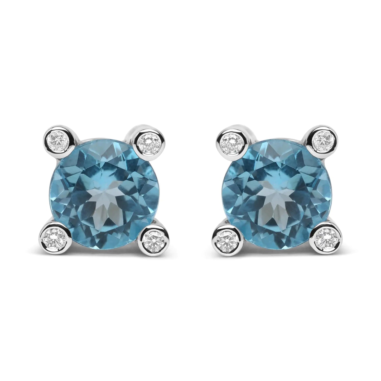 18K White Gold 1/10 Cttw Round Bezel Diamond and 10x10mm Round Sky Blue Topaz Gemstone Stud Earrings