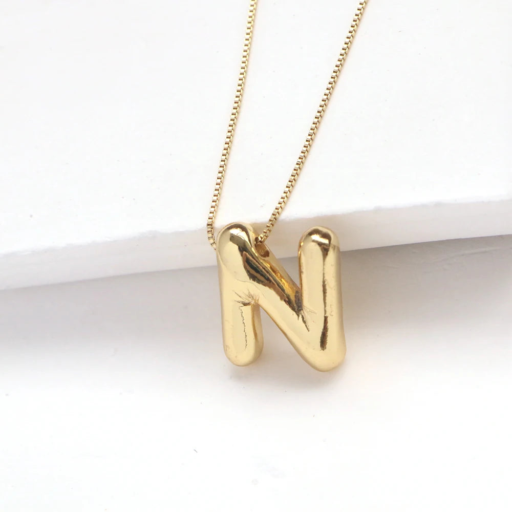 Gold Plated Copper Chunky Alphabet Balloon Bubble Initial Letter Pendant Necklace for Women