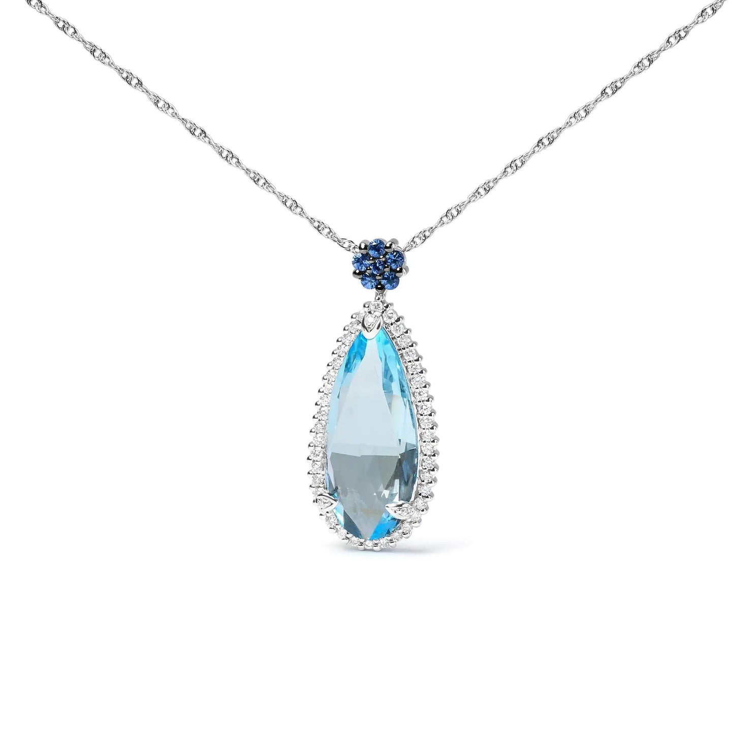 18K White Gold 3/8 Cttw Pave Set Diamond and Sky Blue Topaz and Blue Sapphire Gemstone Floral Teardrop Halo 18" Pendant Necklace