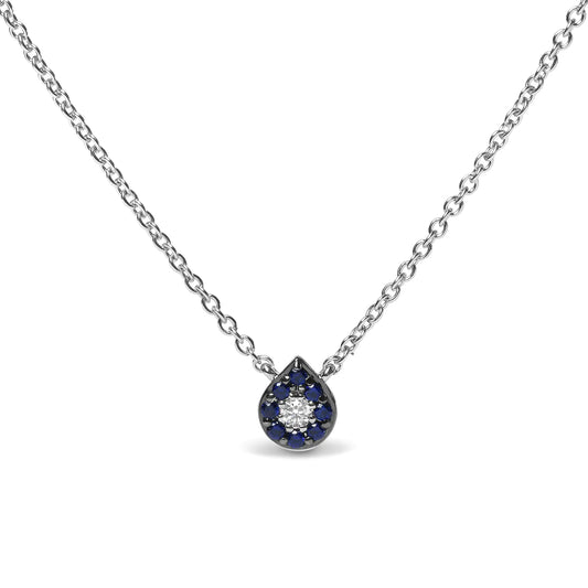 18K White Gold Diamond Accent and 1mm Round Blue Sapphire Gemstone Halo Teardrop Pendant Necklace