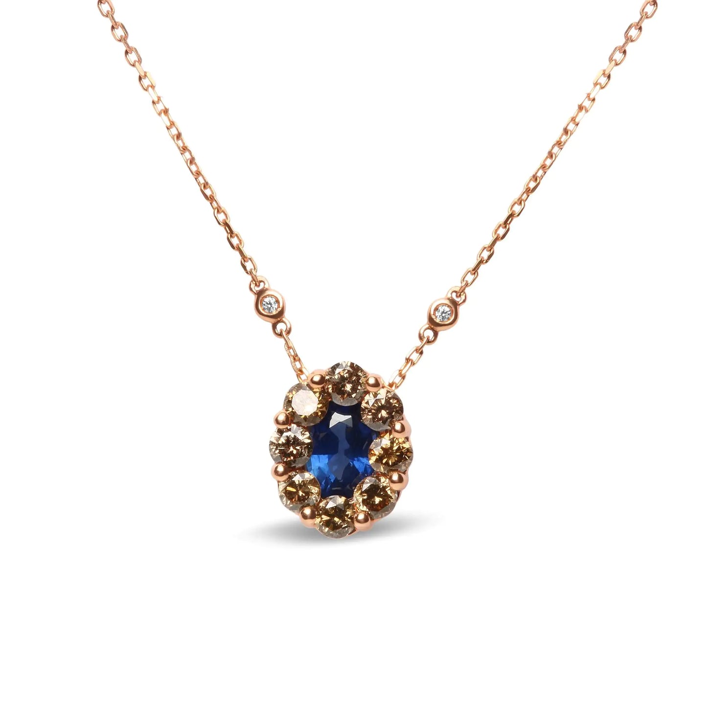 18K Rose Gold 5/8 Cttw White and Brown Diamond Accent and 7 x 4mm Oval Blue Sapphire Gemstone Statement Halo Cluster Pendant Necklace