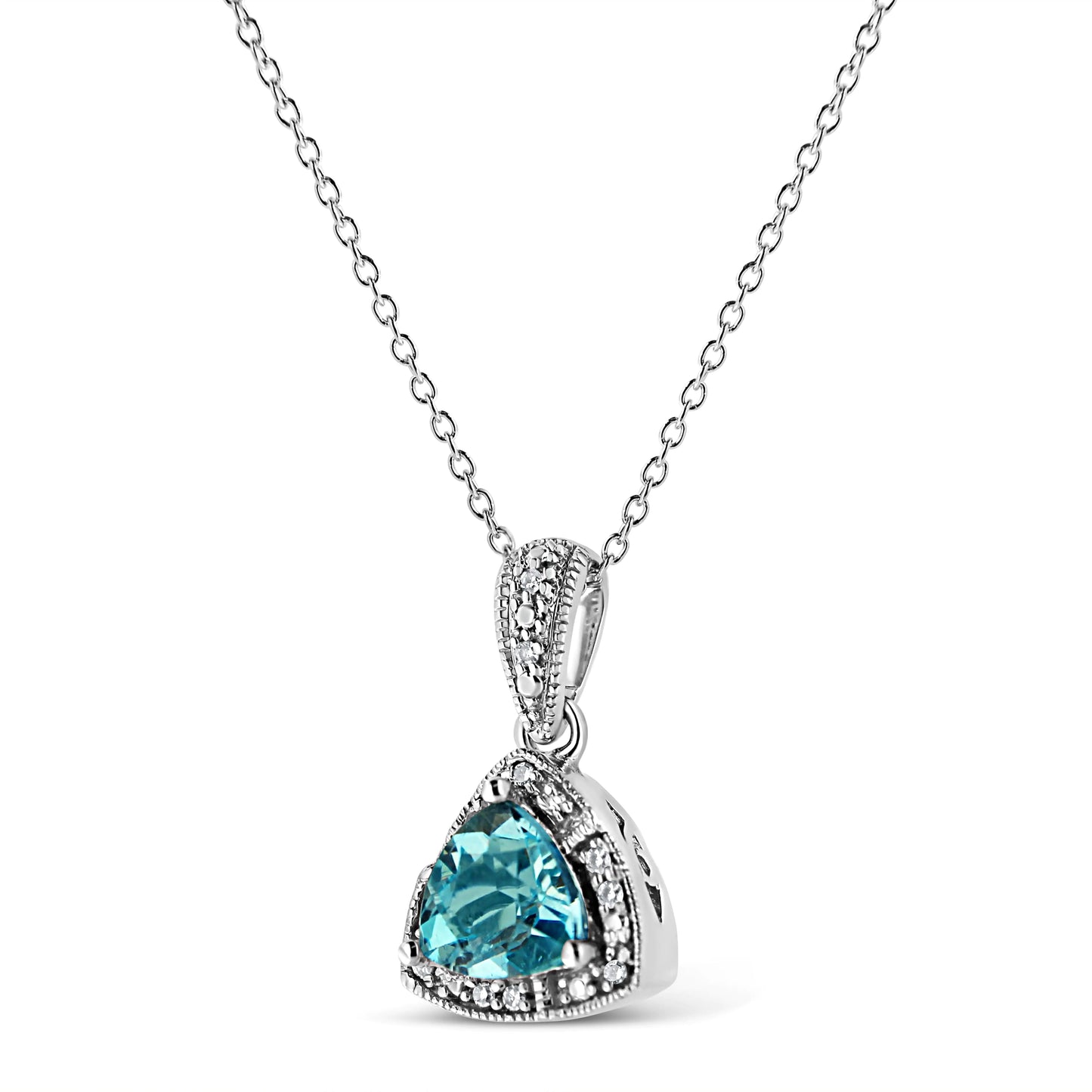 .925 Sterling Silver 7x7 mm Trillion Cut Blue Topaz Gemstone and Diamond Accent 18" Pendant Necklace