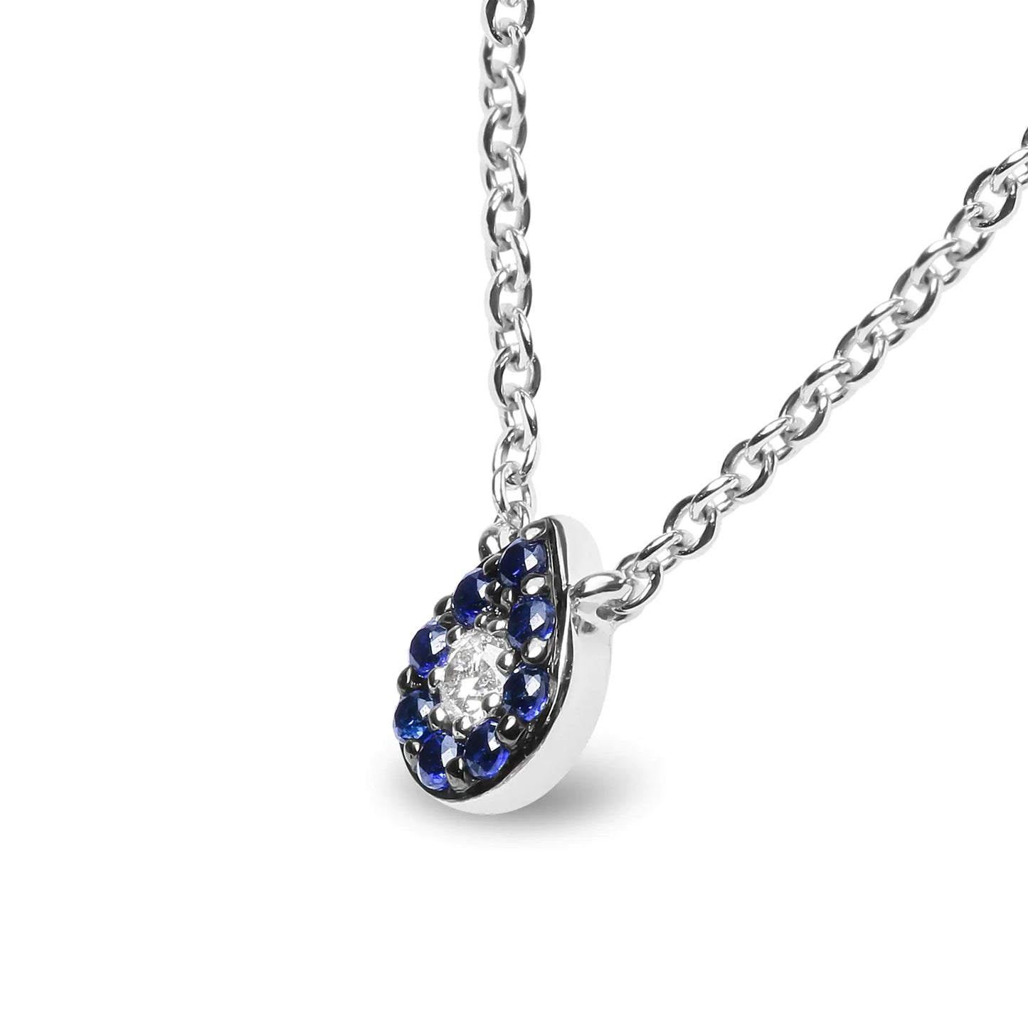 18K White Gold Diamond Accent and 1mm Round Blue Sapphire Gemstone Halo Teardrop Pendant Necklace