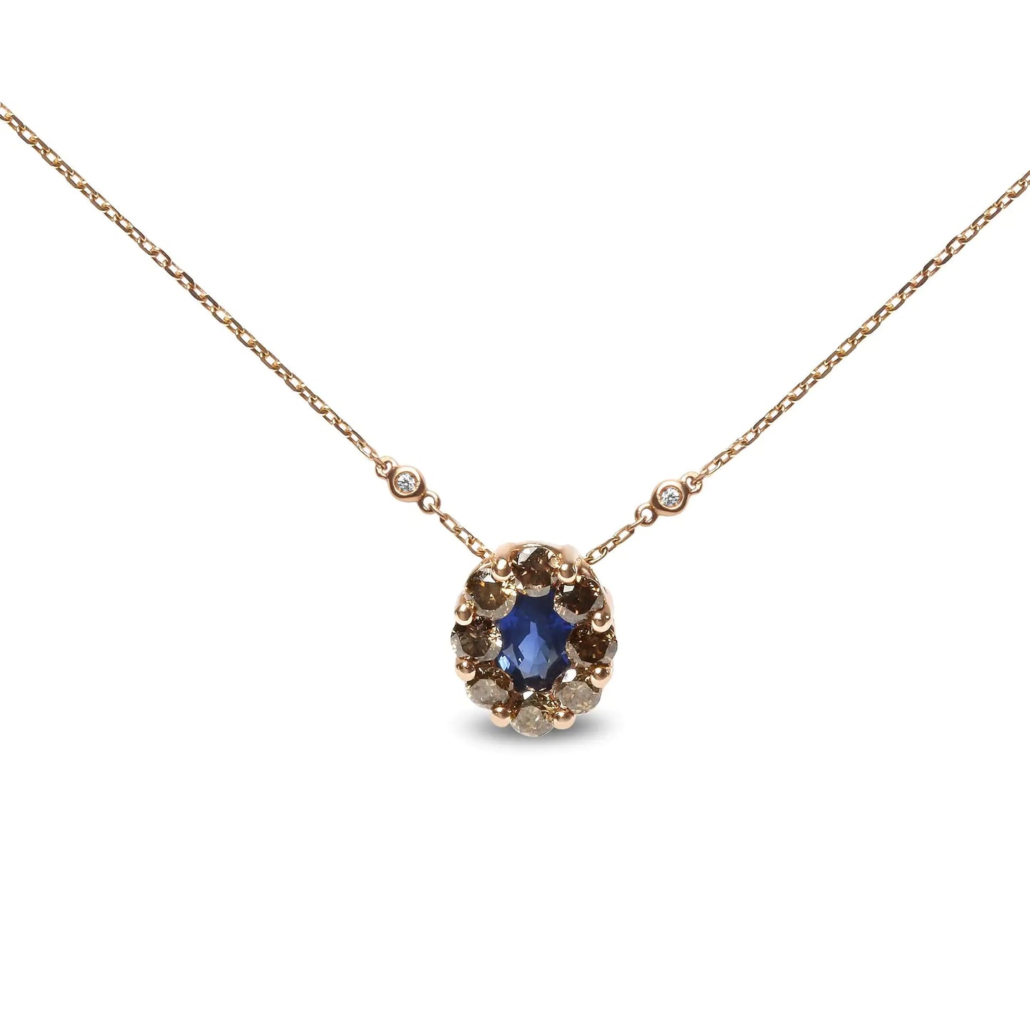 18K Rose Gold 5/8 Cttw White and Brown Diamond Accent and 7 x 4mm Oval Blue Sapphire Gemstone Statement Halo Cluster Pendant Necklace