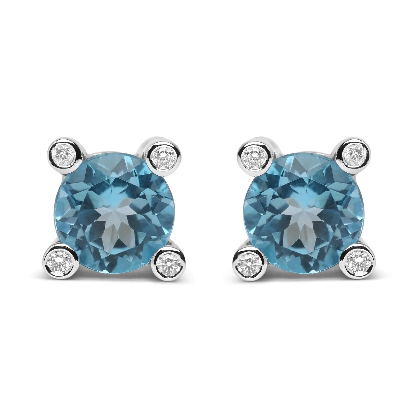 18K White Gold 1/10 Cttw Round Bezel Diamond and 10x10mm Round Sky Blue Topaz Gemstone Stud Earrings