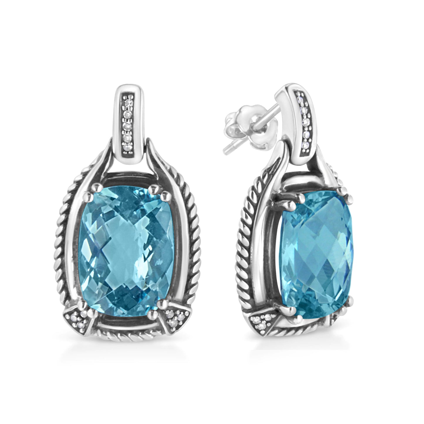 .925 Sterling Silver 14x10MM Cushion Cut Blue Topaz Gemstone and Diamond Accent Dangle Earring