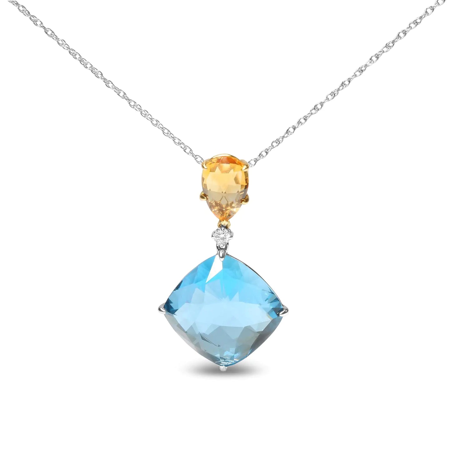 18K White and Yellow Gold Diamond Accent and Yellow Citrine and Sky Blue Topaz Gemstone Dangle Drop 18" Pendant Necklace