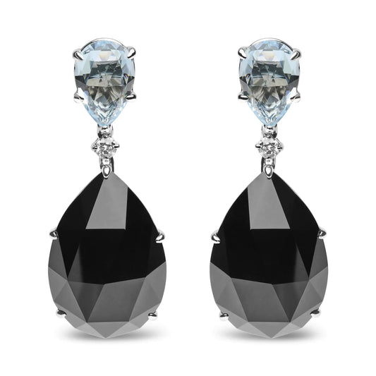 18K White Gold 1/5 Cttw Diamond with Pear Cut Sky Blue Topaz and Pear-Cut Black Onyx Gemstone Dangle Earring