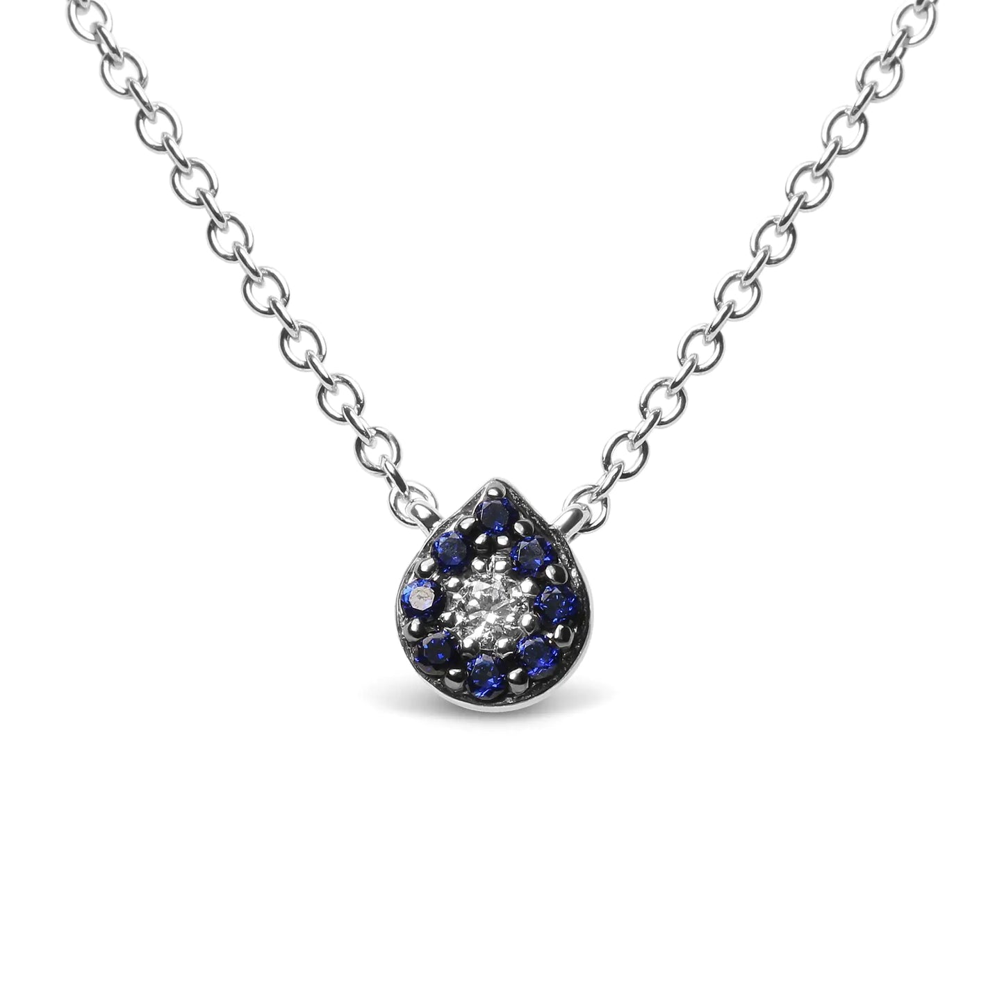 18K White Gold Diamond Accent and 1mm Round Blue Sapphire Gemstone Halo Teardrop Pendant Necklace