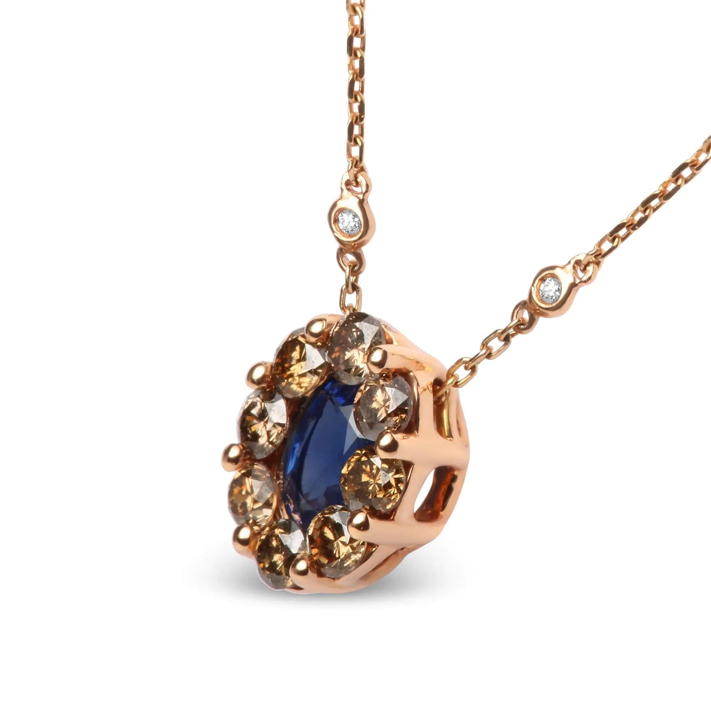 18K Rose Gold 5/8 Cttw White and Brown Diamond Accent and 7 x 4mm Oval Blue Sapphire Gemstone Statement Halo Cluster Pendant Necklace