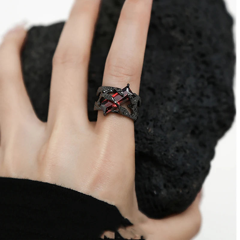 2023 New Punk Black Rings Thorns Vine Twine Red Rhinestones