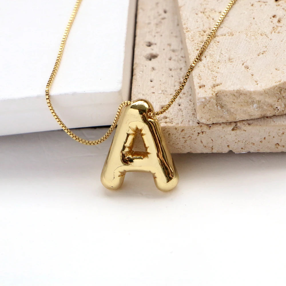 Gold Plated Copper Chunky Alphabet Balloon Bubble Initial Letter Pendant Necklace for Women