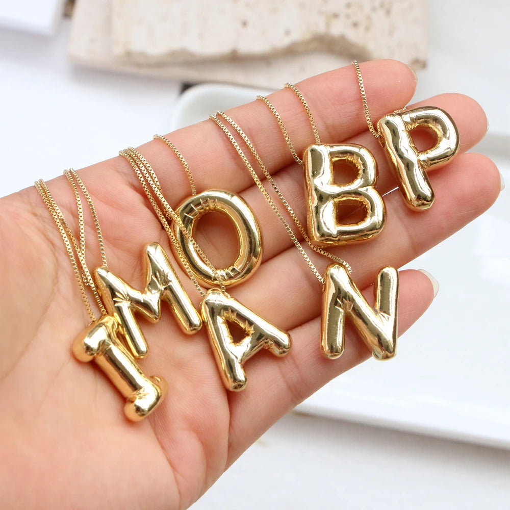 Gold Plated Copper Chunky Alphabet Balloon Bubble Initial Letter Pendant Necklace for Women