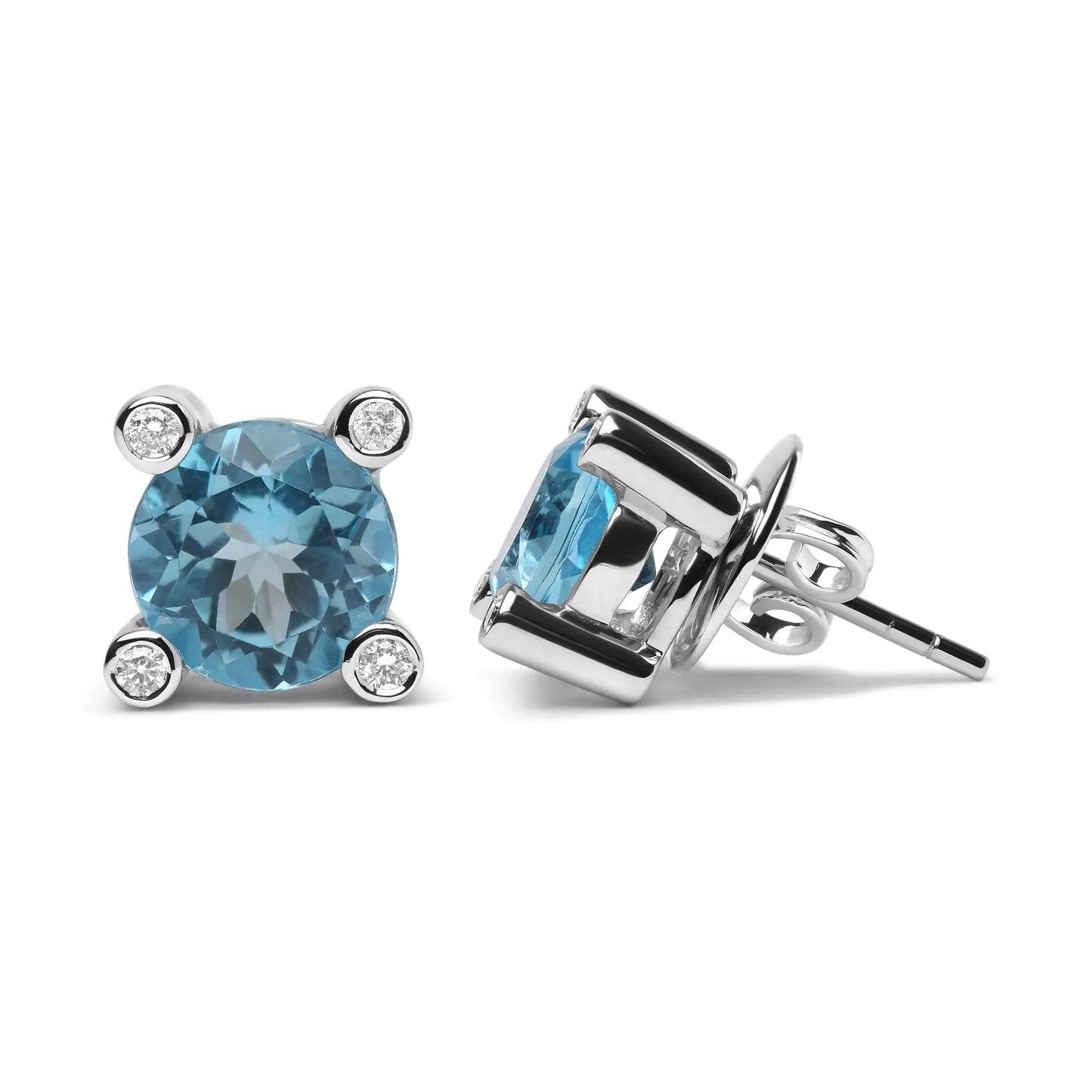 18K White Gold 1/10 Cttw Round Bezel Diamond and 10x10mm Round Sky Blue Topaz Gemstone Stud Earrings