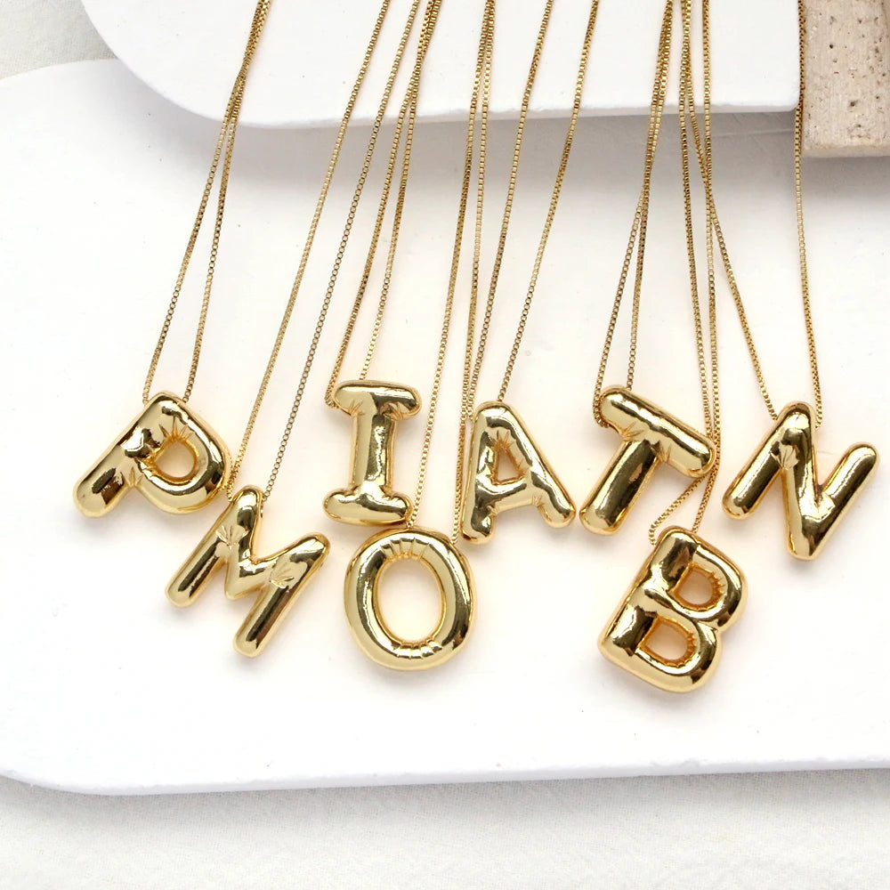 Gold Plated Copper Chunky Alphabet Balloon Bubble Initial Letter Pendant Necklace for Women