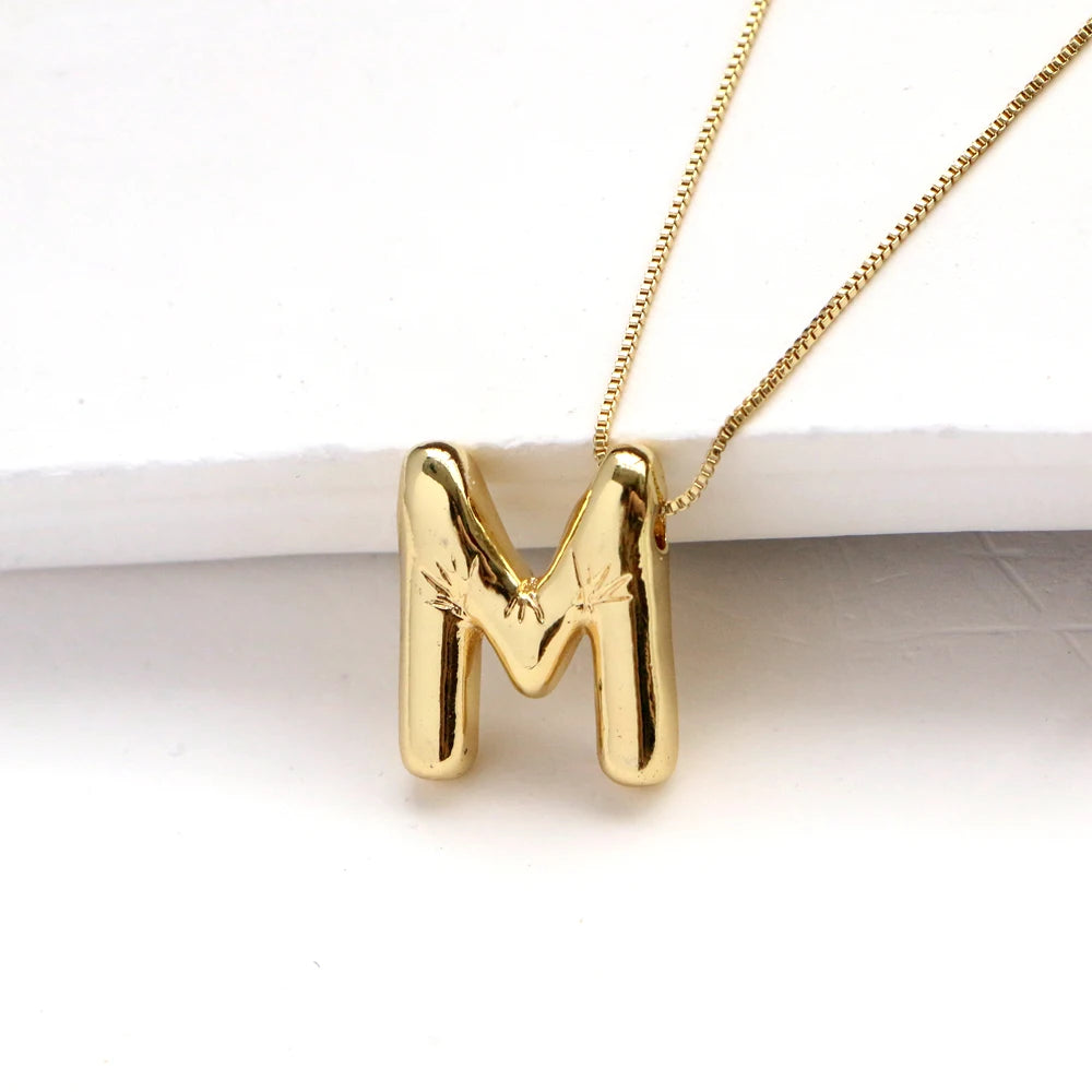 Gold Plated Copper Chunky Alphabet Balloon Bubble Initial Letter Pendant Necklace for Women