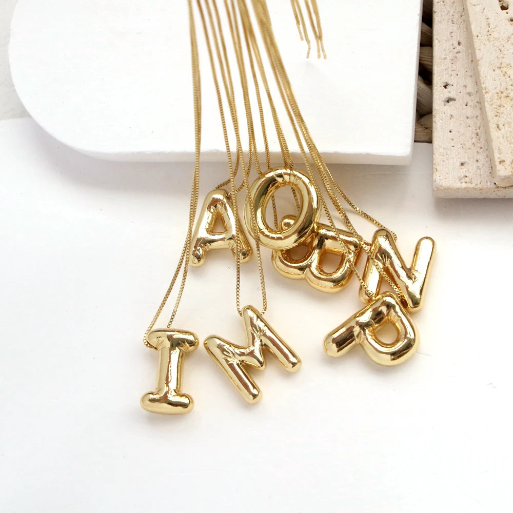 Gold Plated Copper Chunky Alphabet Balloon Bubble Initial Letter Pendant Necklace for Women