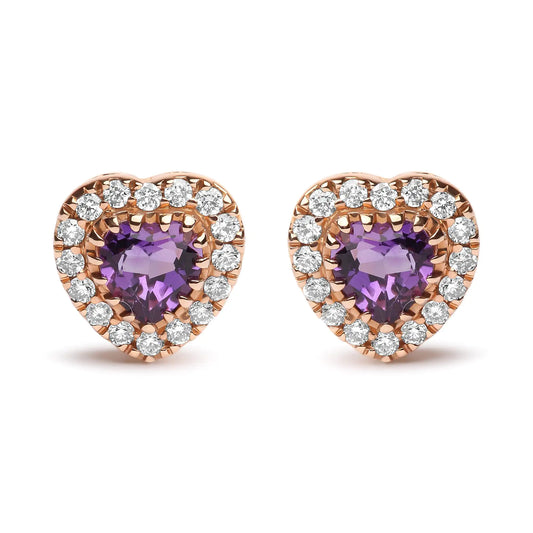 18K White and Rose Gold 1/6 Cttw Diamond and 4mm Heart Cut Purple Amethyst Gemstone Halo Heart Stud Earrings