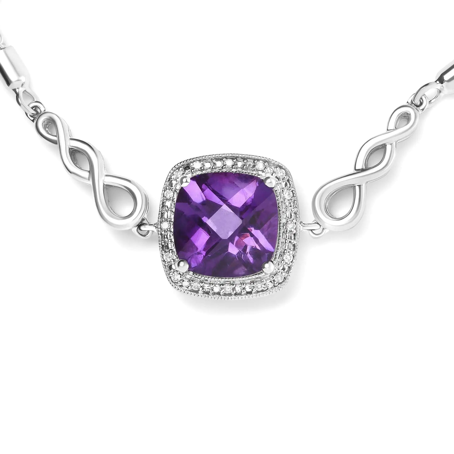 .925 Sterling Silver 10mm Cushion Cut Amethyst Gemstone and Diamond Accent Lariat 4”-10” Adjustable Bolo Bracelet