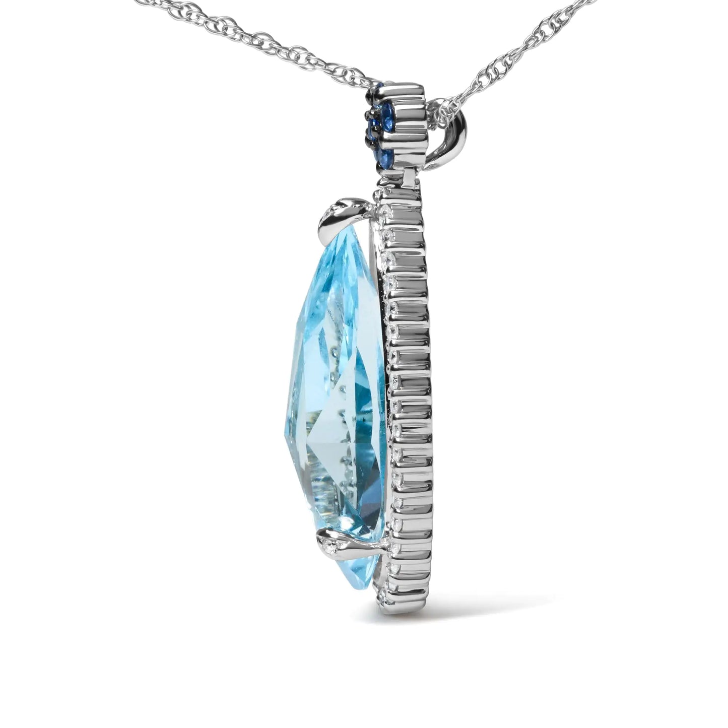 18K White Gold 3/8 Cttw Pave Set Diamond and Sky Blue Topaz and Blue Sapphire Gemstone Floral Teardrop Halo 18" Pendant Necklace