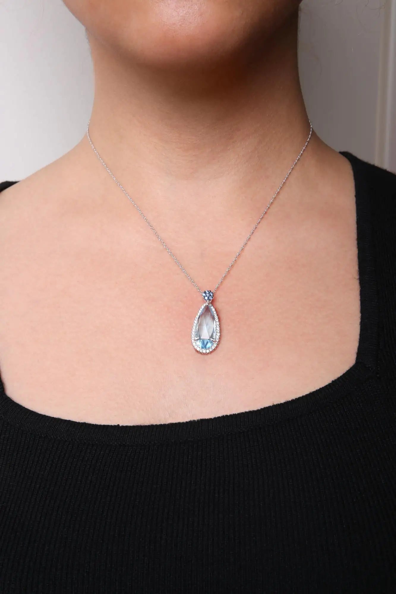 18K White Gold 3/8 Cttw Pave Set Diamond and Sky Blue Topaz and Blue Sapphire Gemstone Floral Teardrop Halo 18" Pendant Necklace