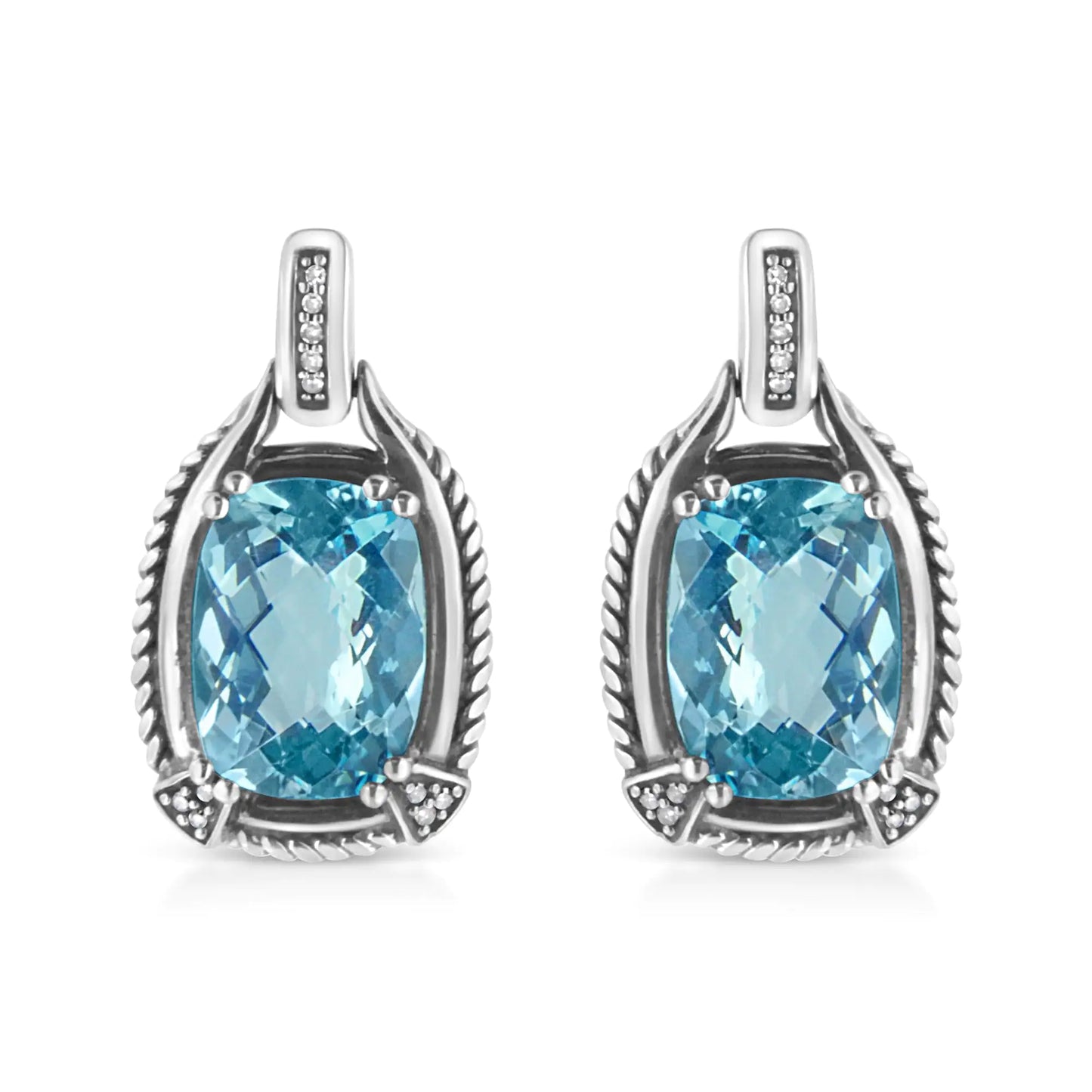 .925 Sterling Silver 14x10MM Cushion Cut Blue Topaz Gemstone and Diamond Accent Dangle Earring