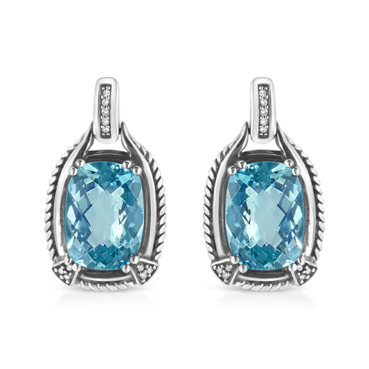 .925 Sterling Silver 14x10MM Cushion Cut Blue Topaz Gemstone and Diamond Accent Dangle Earring