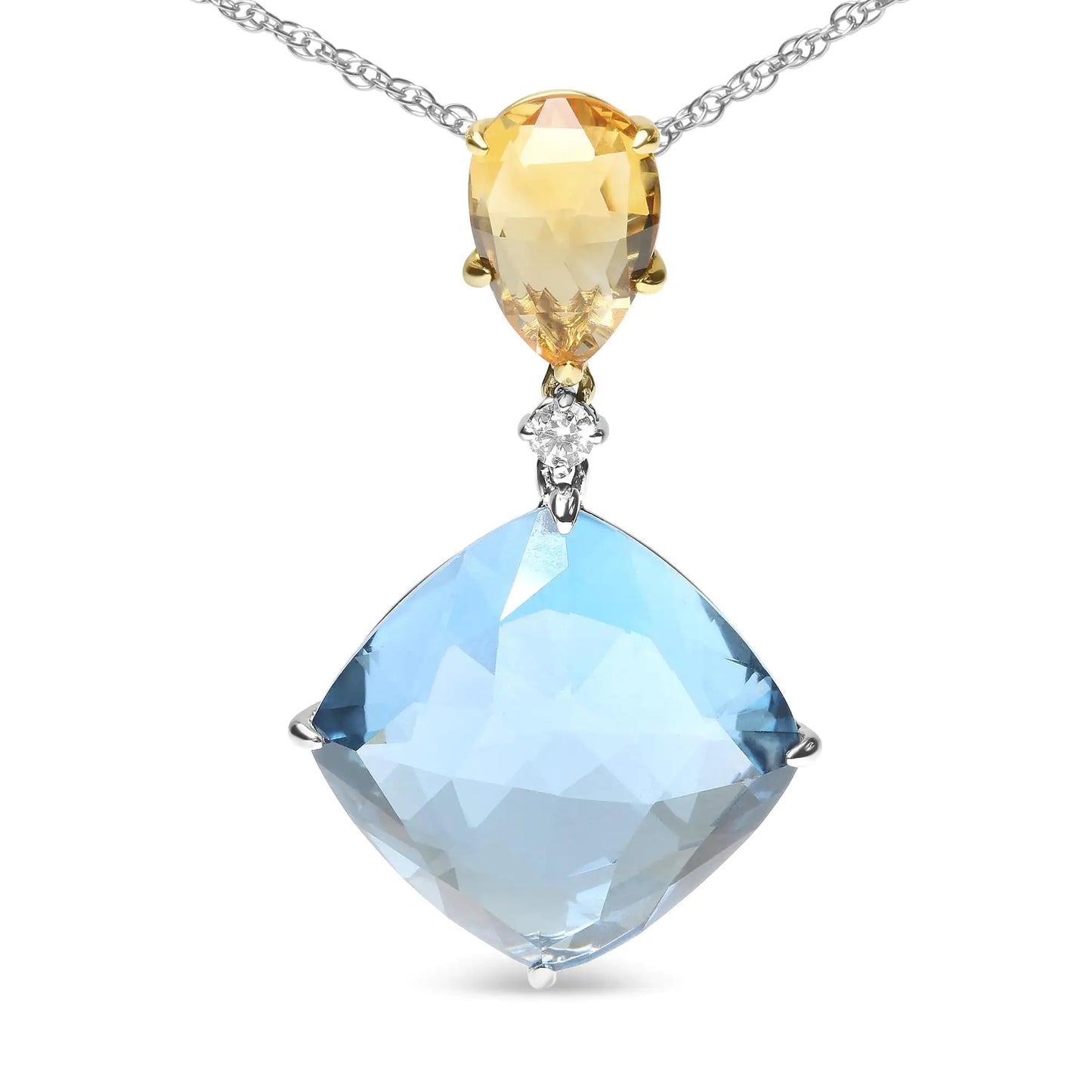 18K White and Yellow Gold Diamond Accent and Yellow Citrine and Sky Blue Topaz Gemstone Dangle Drop 18" Pendant Necklace