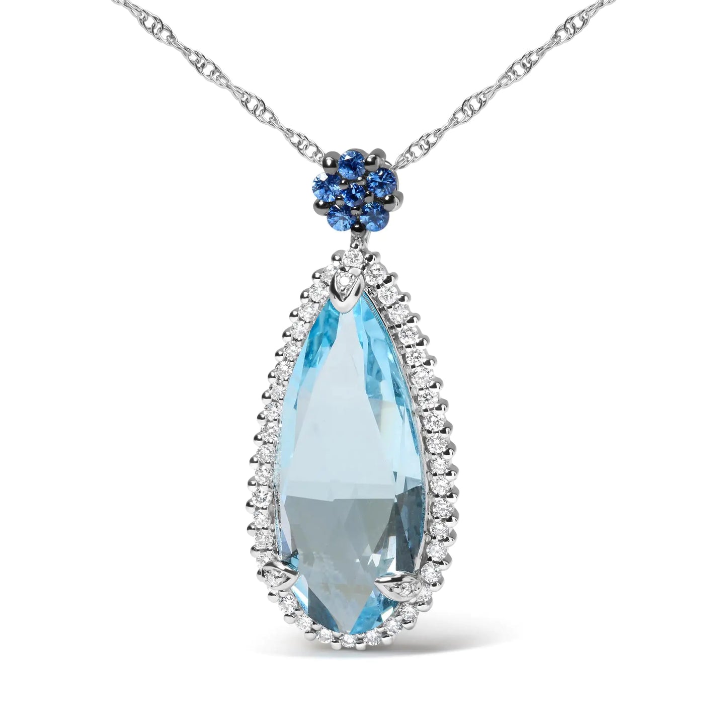 18K White Gold 3/8 Cttw Pave Set Diamond and Sky Blue Topaz and Blue Sapphire Gemstone Floral Teardrop Halo 18" Pendant Necklace