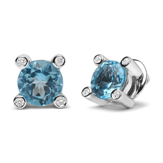 18K White Gold 1/10 Cttw Round Bezel Diamond and 10x10mm Round Sky Blue Topaz Gemstone Stud Earrings