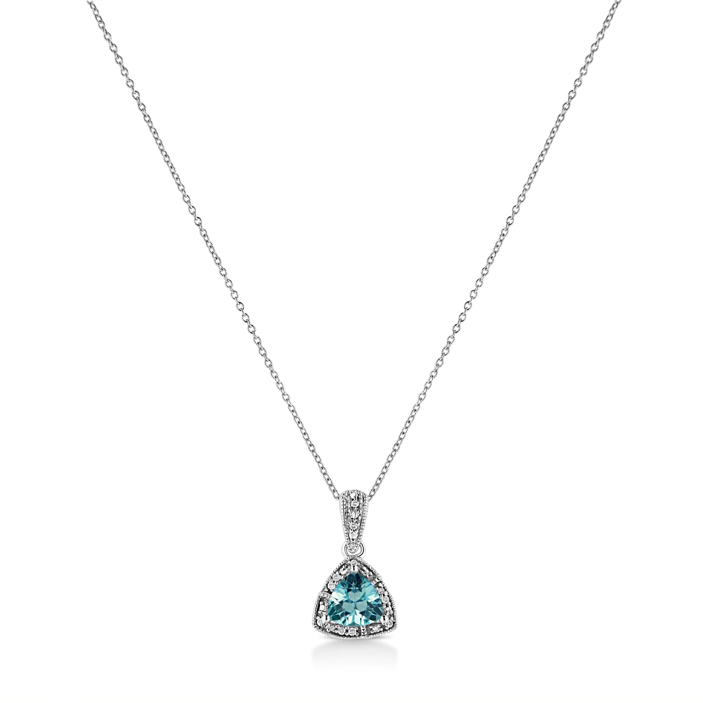 .925 Sterling Silver 7x7 mm Trillion Cut Blue Topaz Gemstone and Diamond Accent 18" Pendant Necklace