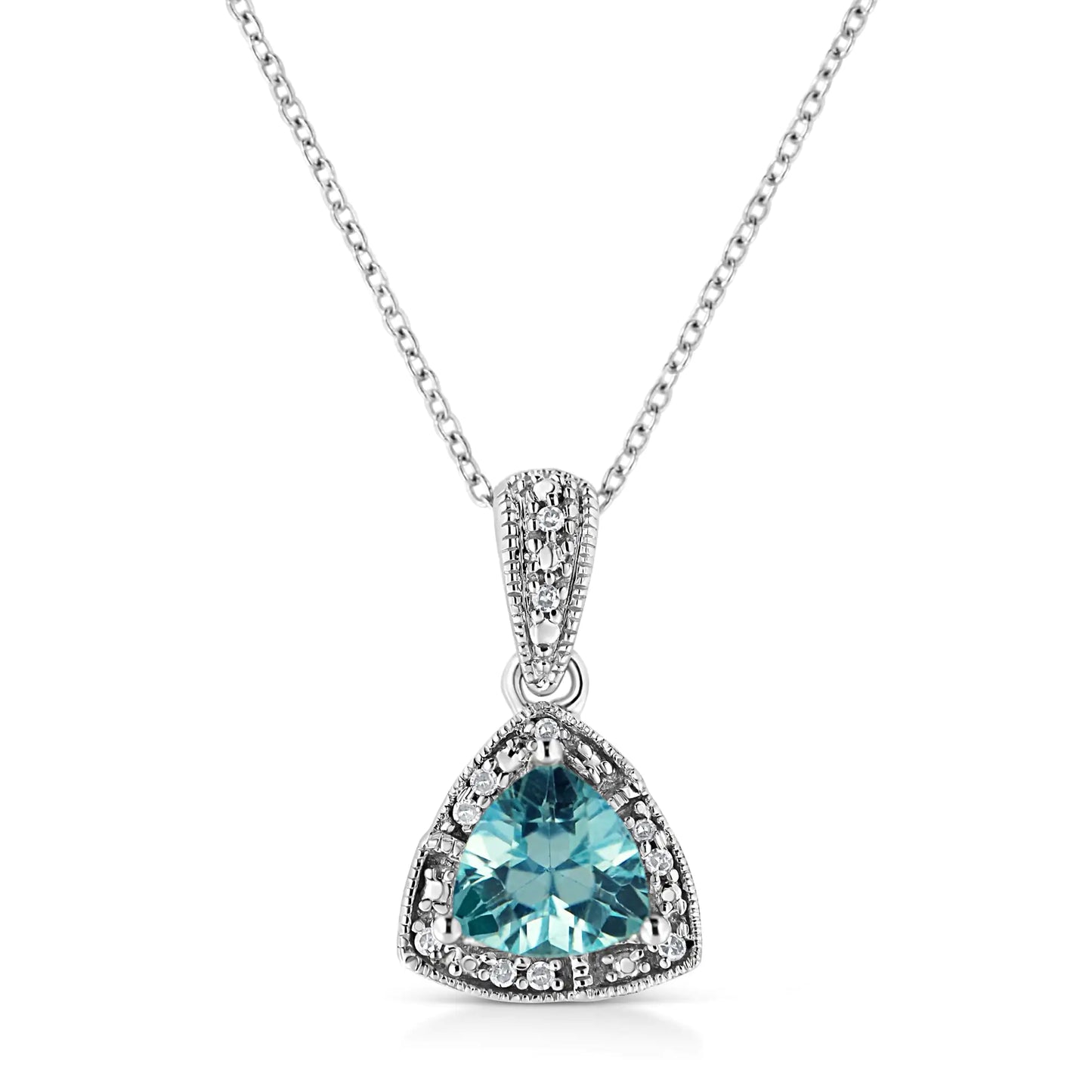 .925 Sterling Silver 7x7 mm Trillion Cut Blue Topaz Gemstone and Diamond Accent 18" Pendant Necklace