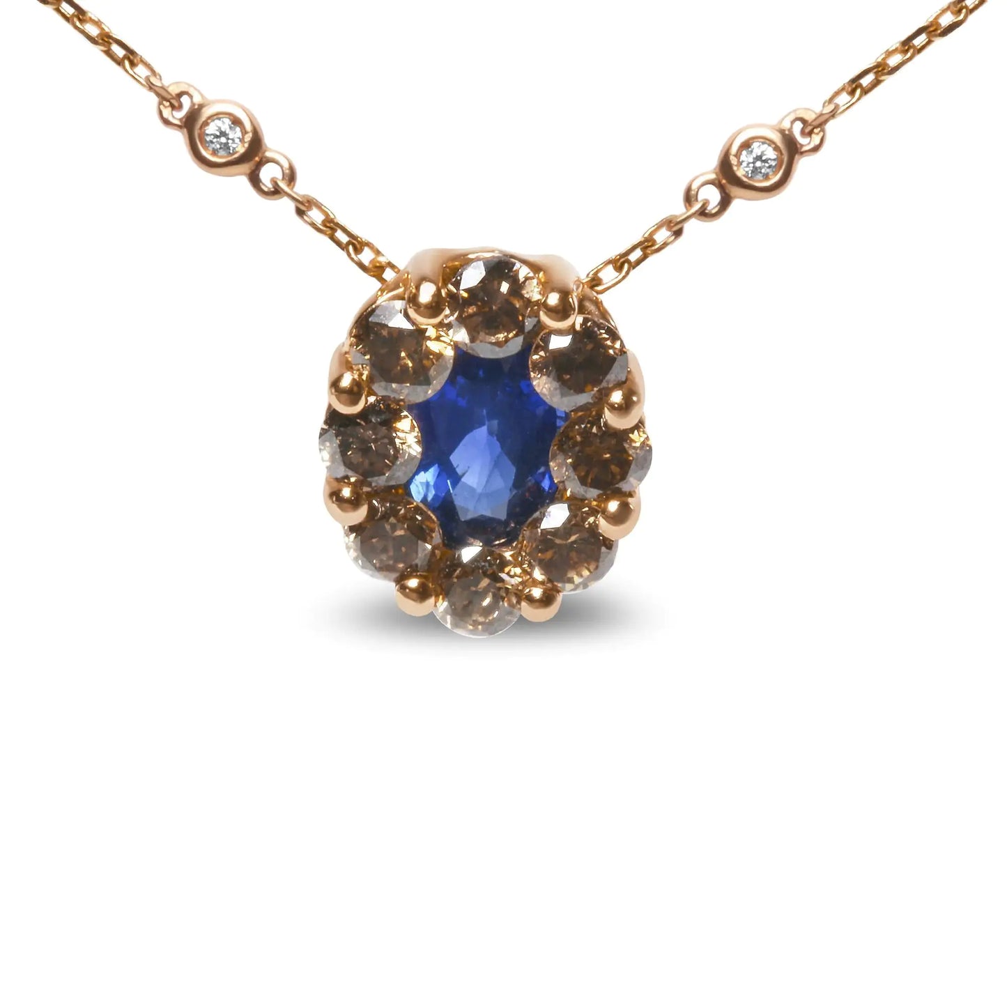 18K Rose Gold 5/8 Cttw White and Brown Diamond Accent and 7 x 4mm Oval Blue Sapphire Gemstone Statement Halo Cluster Pendant Necklace