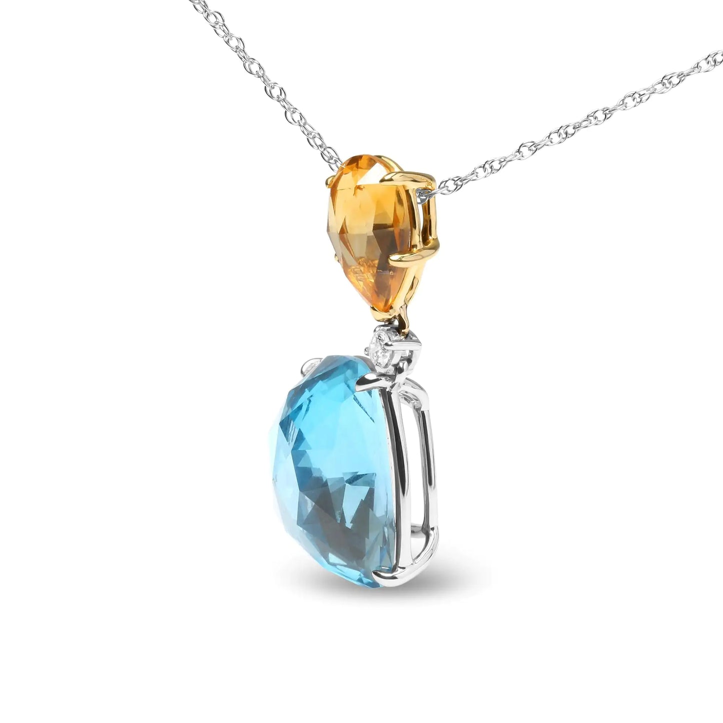 18K White and Yellow Gold Diamond Accent and Yellow Citrine and Sky Blue Topaz Gemstone Dangle Drop 18" Pendant Necklace