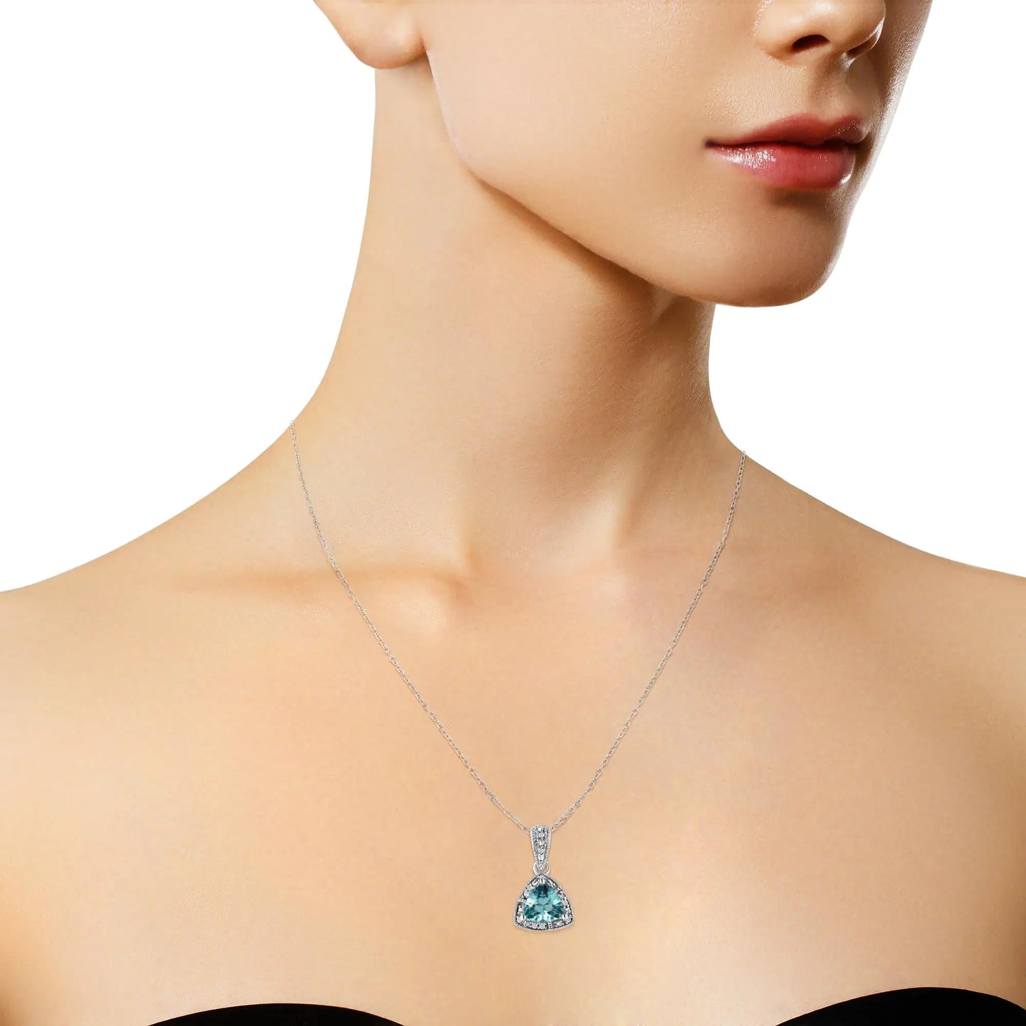 .925 Sterling Silver 7x7 mm Trillion Cut Blue Topaz Gemstone and Diamond Accent 18" Pendant Necklace